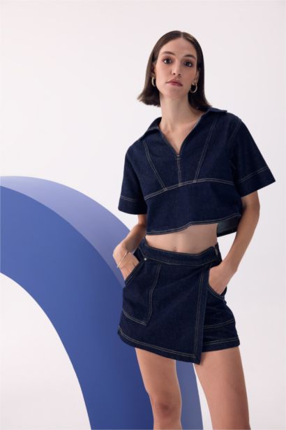 Chemisier en jean à manches courtes avec col polo pour femmes