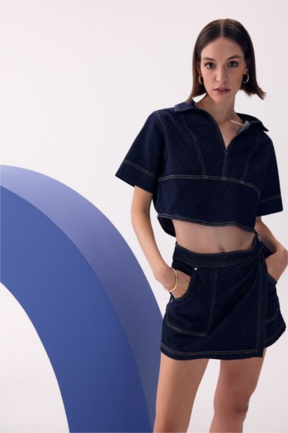 Chemisier en jean à manches courtes avec col polo pour femmes