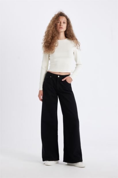 Wide Leg Kışlık Gabardin Siyah Pantolon Geniş Bol Paça Normal Bel Basic Düz