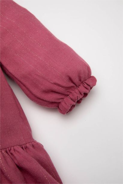 فستان بناتي مكشكش قماش لامع قصة عادية برقبة مستديرة