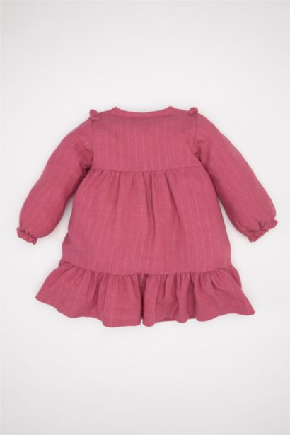 فستان بناتي مكشكش قماش لامع قصة عادية برقبة مستديرة