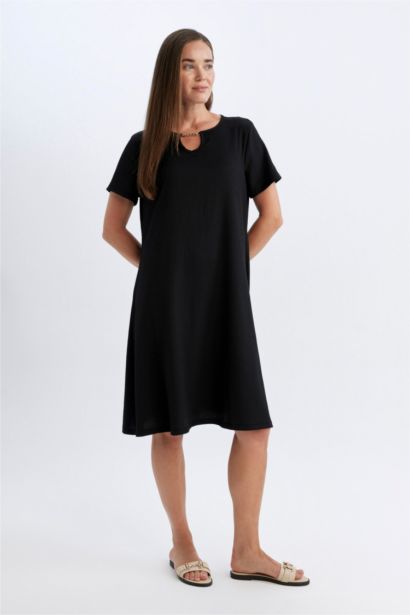 Regular Fit Apaş Yaka Basic Düz Bürümcük Kısa Kollu Midi Elbise