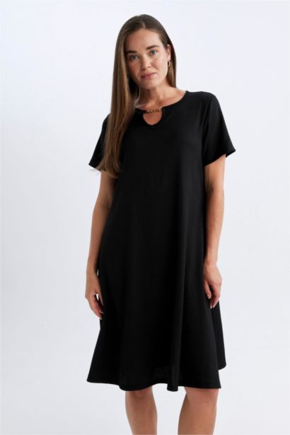 Regular Fit Apaş Yaka Basic Düz Bürümcük Kısa Kollu Midi Elbise