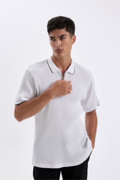 Slim Fit Zippered Short Sleeve Polo Shirt