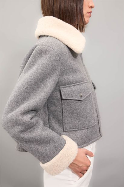 Suni Kürklü Polo Yaka Kısa Kaşe Kaban Fermuarlı Cepli Pelüş Astarlı