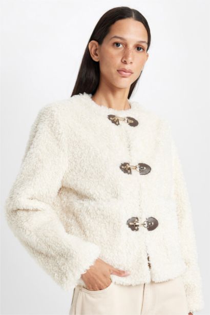 Regular Kalıp Bisiklet Yaka Çoban Düğmeli Pelüş Ceket