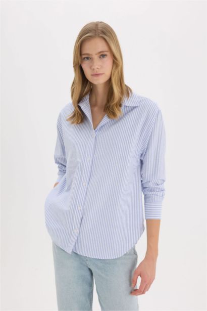 Oversize Shirt Collar Oxford Striped Long Sleeve Shirt