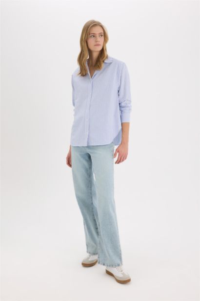 Oversize Fit Shirt Collar Oxford Striped Long Sleeve Shirt