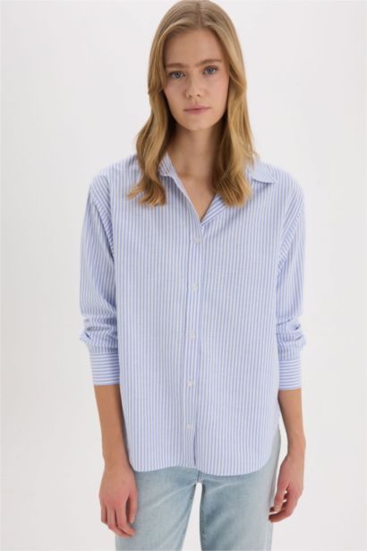Oversize Shirt Collar Oxford Striped Long Sleeve Shirt