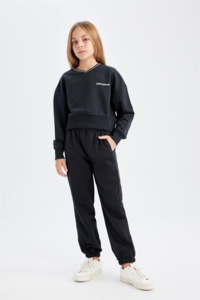 2'li Takım Baskılı Sweatshirt Beli Lastikli Eşofman Altı Kız Çocuk