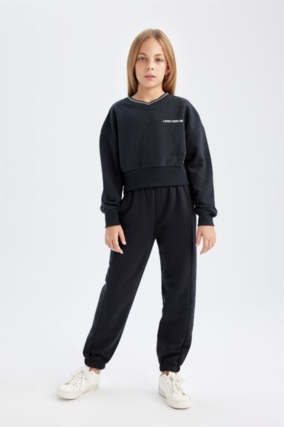 2'li Takım Baskılı Sweatshirt Beli Lastikli Eşofman Altı Kız Çocuk