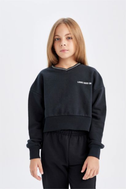 2'li Takım Baskılı Sweatshirt Beli Lastikli Eşofman Altı Kız Çocuk