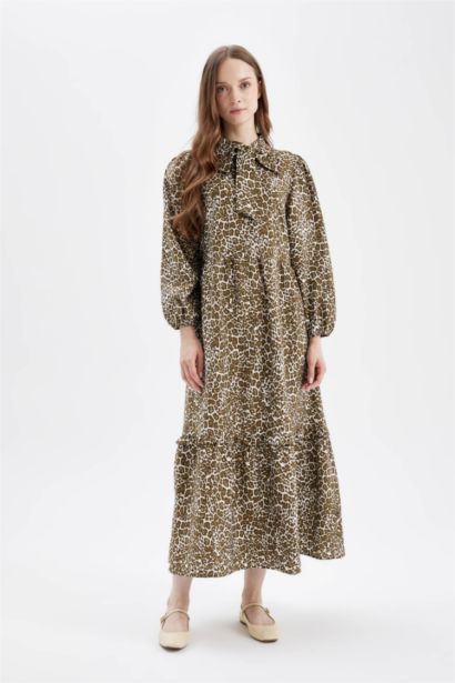 Bow Neck Leopard Print Long Sleeve Maxi Dress
