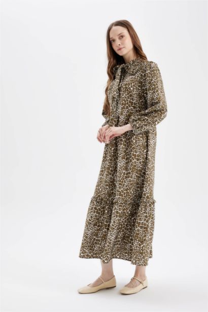 Bow Neck Leopard Print Long Sleeve Maxi Dress