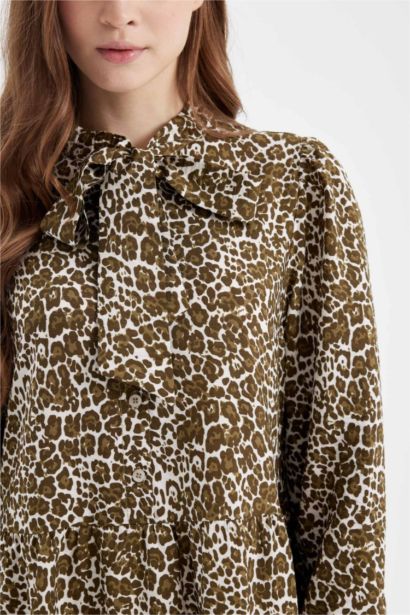 Bow Neck Leopard Print Long Sleeve Maxi Dress