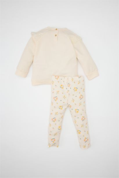 طقم بيبي بناتي سويت شيرت فلورال قصة عادية وبنطلون - قطعتين