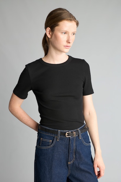 Slim Fit Basic Plain Ribbed Crew Neck Short Sleeve T-Shirt