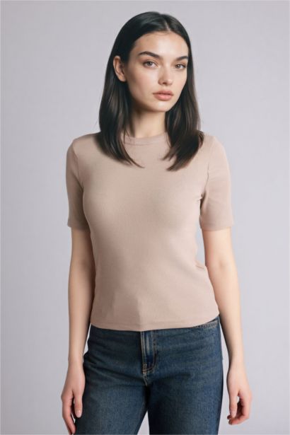 Slim Fit Crew Neck Basic Ribbed Short Sleeve T-Shirt