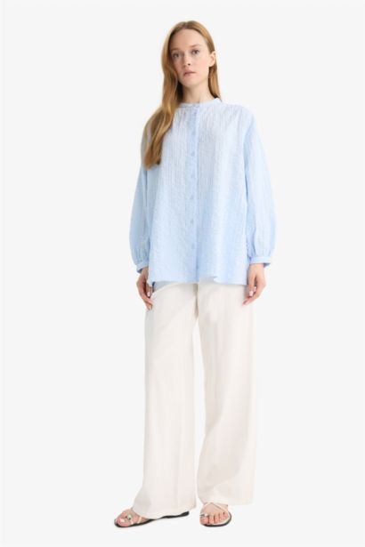 تونيك كم طويل منسوج قصة مريحة برقبة مستديرة