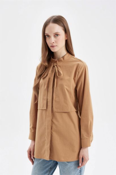 Relax Fit Bow Collar Poplin Long Sleeve Shirt Tunic