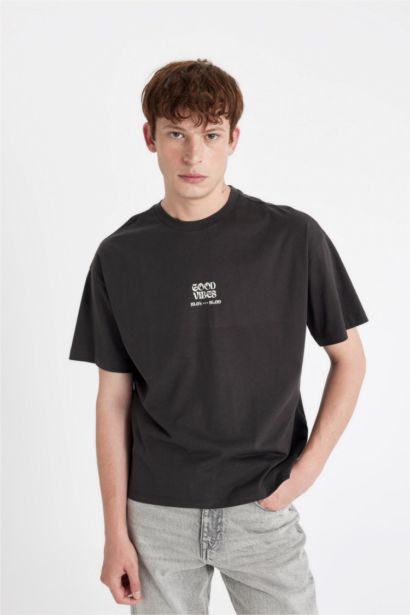 Oversıze Bisiklet Yaka Baskılı Kısa Kollu Tişört