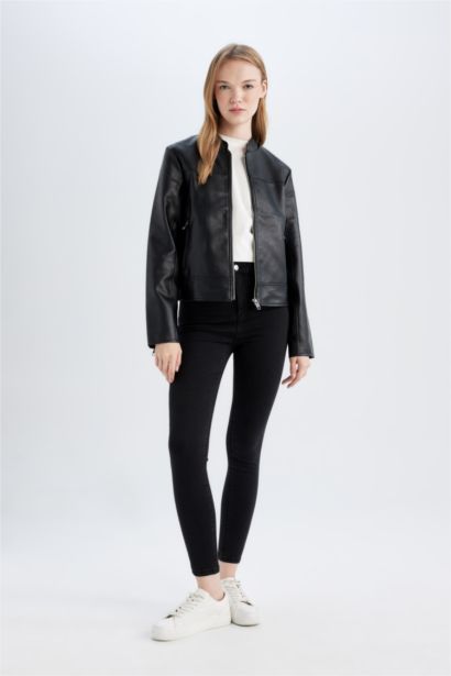 Regular Kalıp Fermuarlı Cepli Siyah Suni Deri Ceket
