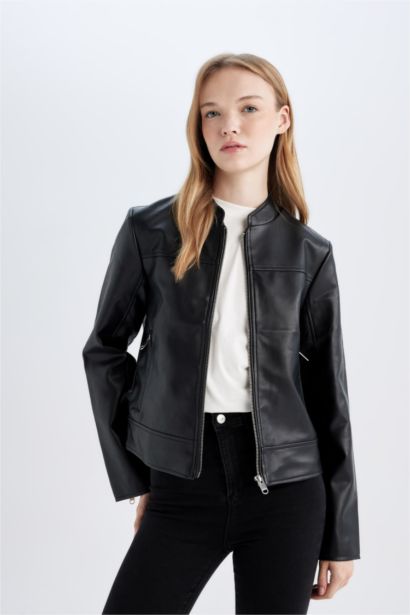 Regular Kalıp Fermuarlı Cepli Siyah Suni Deri Ceket