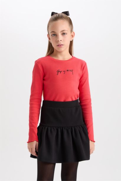 2'li Takım Bisiklet Yaka Atatürk Nakışlı Kırmızı Ribana Uzun Kollu Tişört Fiyonk Toka Kız Çocuk