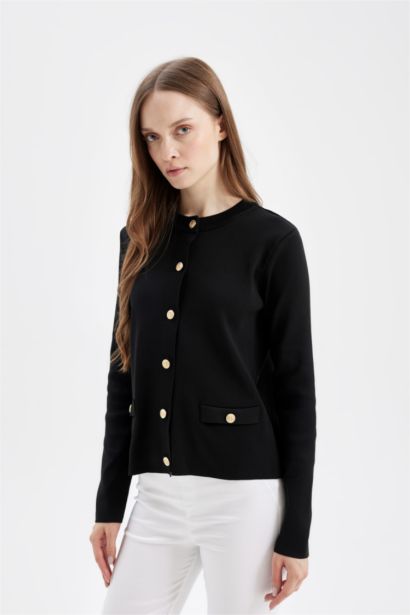 Bisiklet Yaka Basic Düz Düğmeli Cepli Triko Hırka