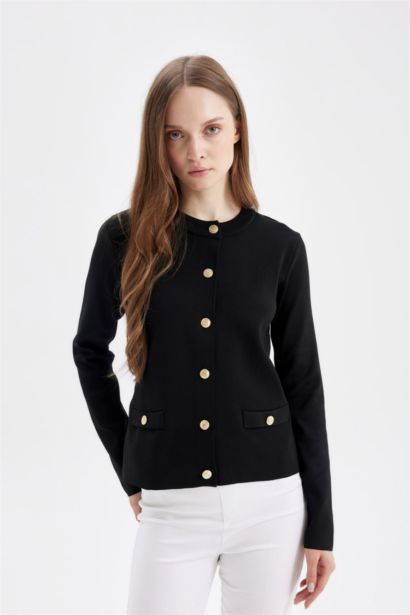 Bisiklet Yaka Basic Düz Düğmeli Cepli Triko Hırka