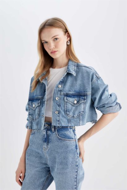 Crop Düğmeli Denim Ceket