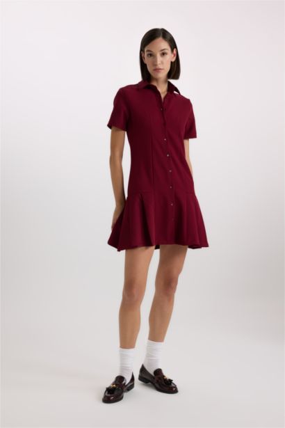 Polo Collar Basic Short Sleeve Pleated Mini Dress