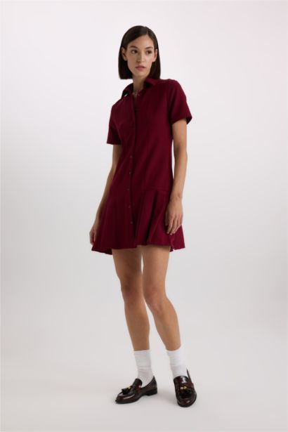 Polo Collar Basic Short Sleeve Pleated Mini Dress