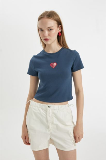 Fitted Embroidery Print Heart Pattern Ribbed T-Shirt