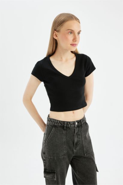 Fitted V Neck Ribbed Basic Short Sleeve T-Shirt