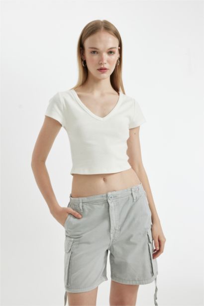 Fitted V Neck Ribbed Basic Short Sleeve T-Shirt