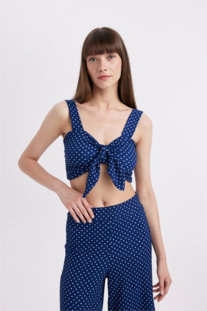 Polka Dot Bow Crepe Strappy Crop Blouse