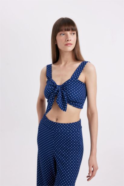 Polka Dot Bow Crepe Strappy Crop Blouse