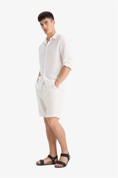 Regular Fit Straight Leg Linen Blend Bermuda Shorts