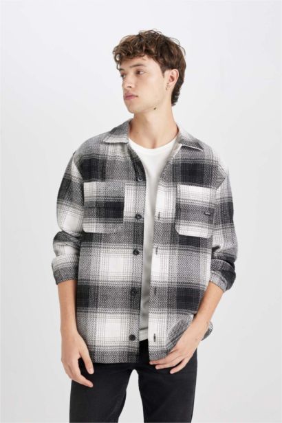 Black Relax Fit Polo Collar Plaid Lumberjack Shirt Jacket