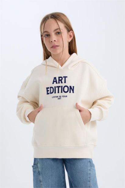 Oversize Geniş Kalıp Kapüşonlu Baskılı İçi Yumuşak Tüylü Sweatshirt Kız Çocuk