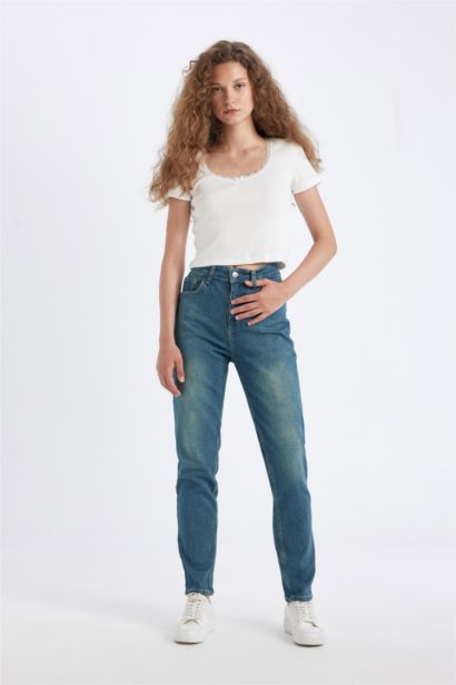 Comfort Mom Yüksek Bel Uzun Jean Yıkamalı Pantolon