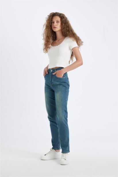 Comfort Mom Yüksek Bel Uzun Jean Yıkamalı Pantolon