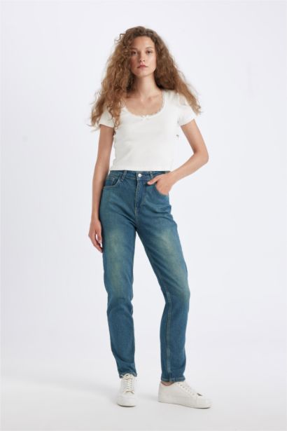 Comfort Mom Yüksek Bel Uzun Jean Yıkamalı Pantolon