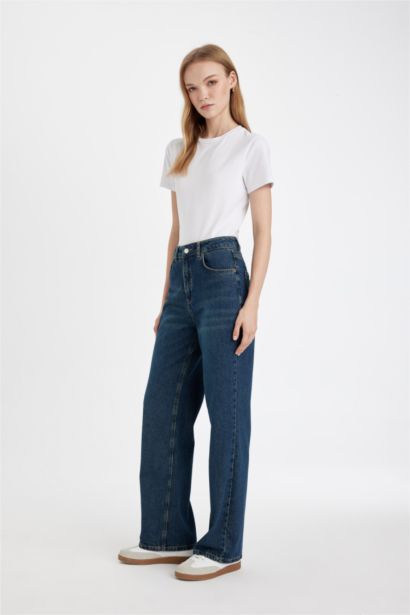 سروال جينز واسع برجل واسع وخصر عالي