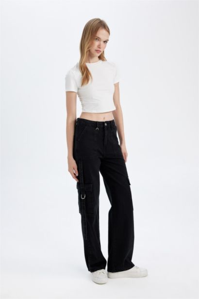 Pantalon Jean Cargo à taille haute et jambes larges