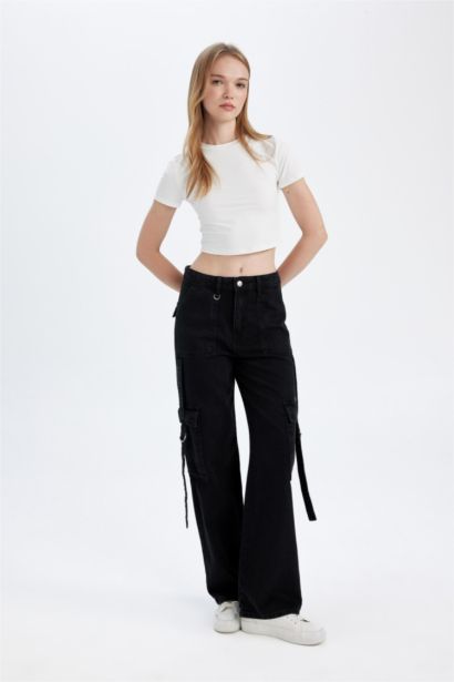 Pantalon Jean Cargo à taille haute et jambes larges