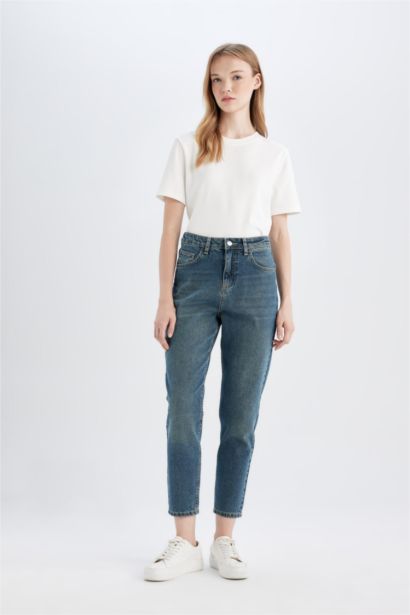 Pantalon Jean Mom Fit Taille Haute Délavé pour Fille