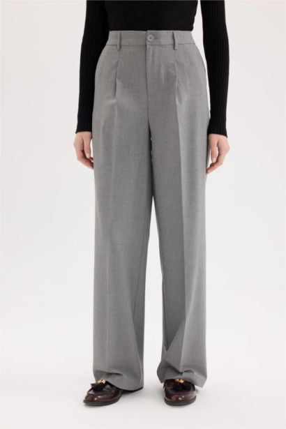 Klasik Kumaş Palazzo Pantolon Wide Leg Çift Cepli Yüksek Bel Standart Boy Basıc