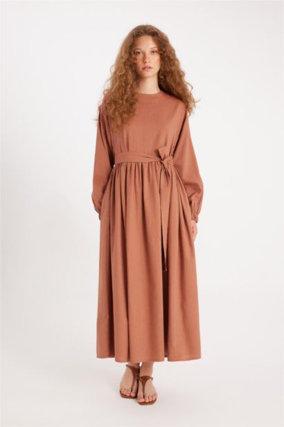 Manuka x DeFacto Bisiklet Yaka Keten Karışımlı Uzun Kollu Maxi Elbise